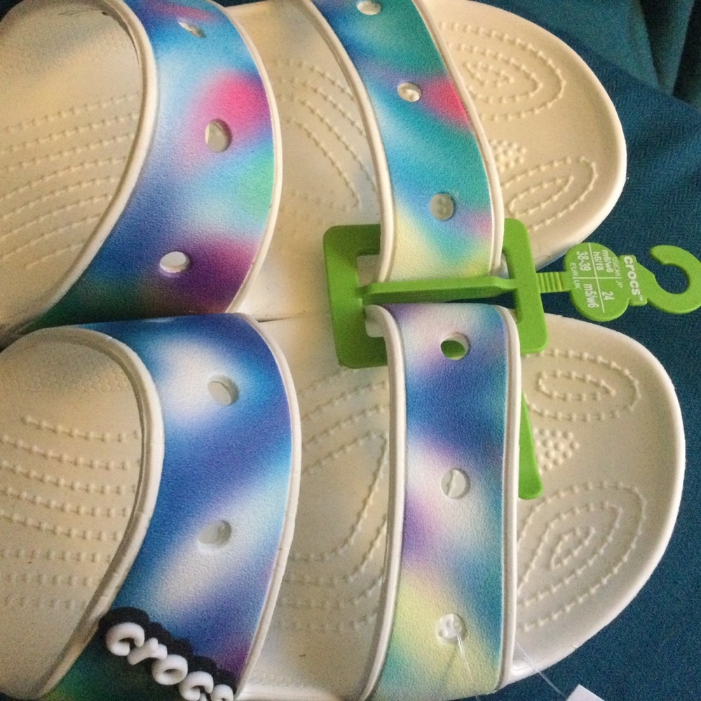 CROCS White Sandals with Iridescent Blue-Green Straps - Picture 8 of 10